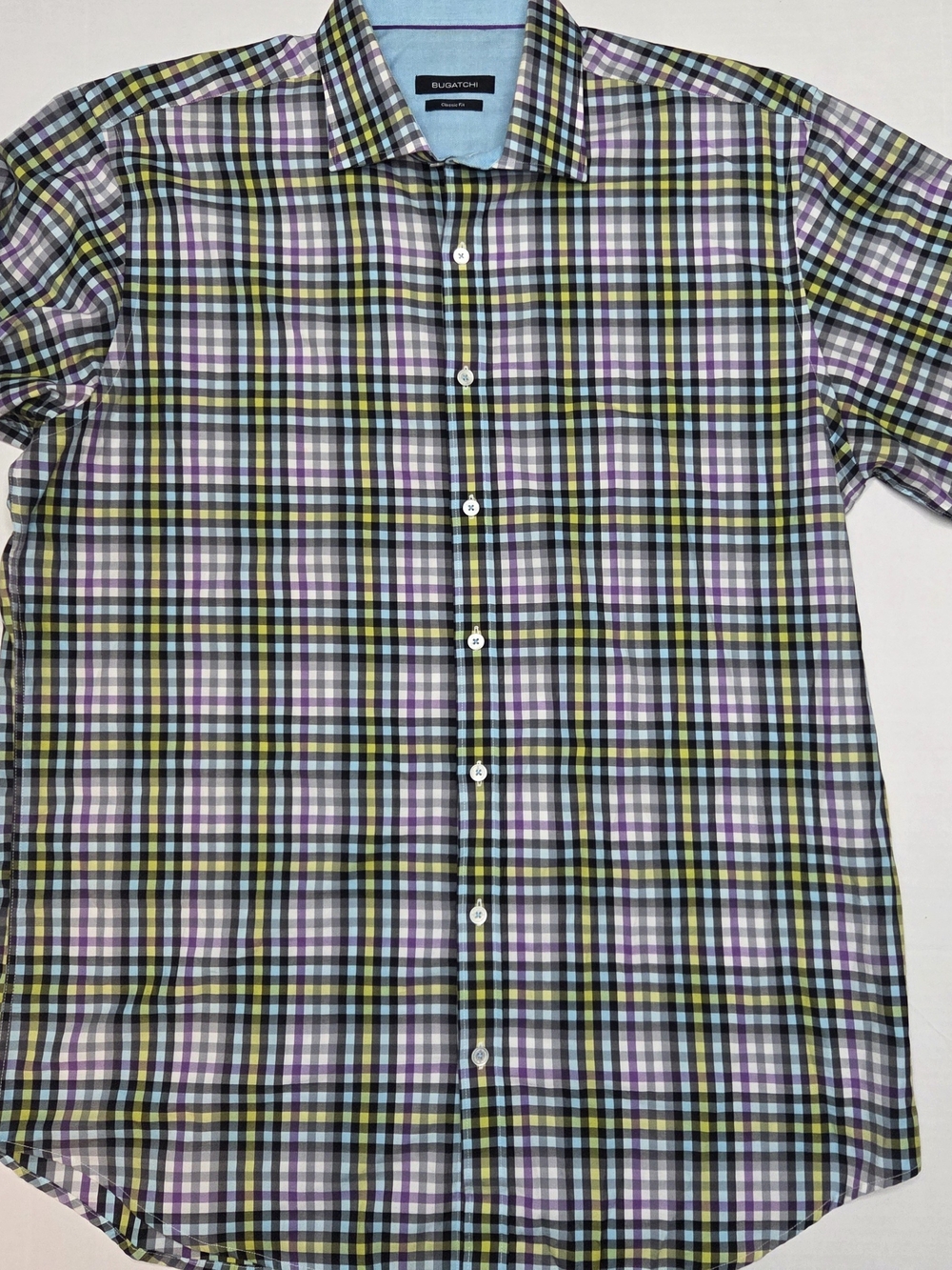 Bugatchi Multi-Check Button-Down Shirt in Purple, Blue & Yellow (Size Missing)